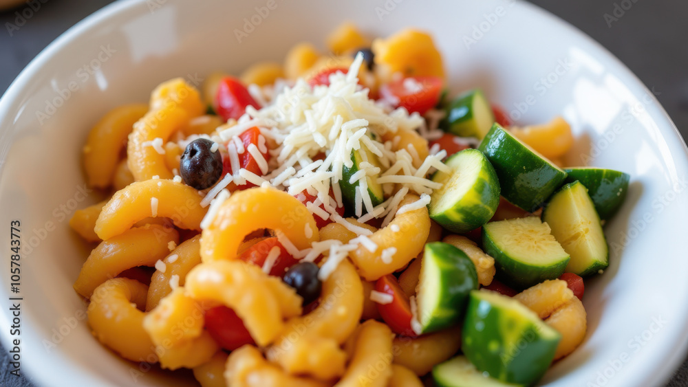 A white bowl filled with cooked pasta, vegetables, and cheese. A white bowl filled with cooked pasta, vegetables, and cheese.