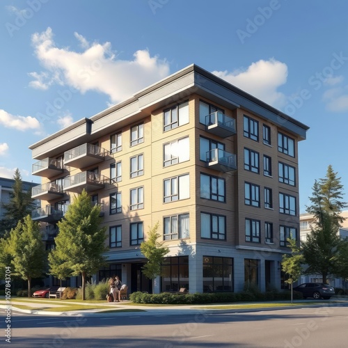 Brand new low rise apartment building on sunny day in british columbia canada Condominium Ultra realistic Photorealistic 