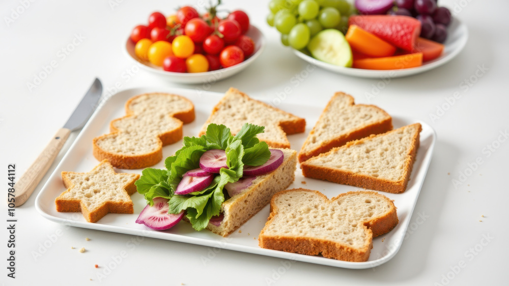 Delicious homemade bread cut into heart shapes, served with fresh toppings on a white surface. Delicious homemade bread cut into heart shapes, served with fresh toppings on a white surface.