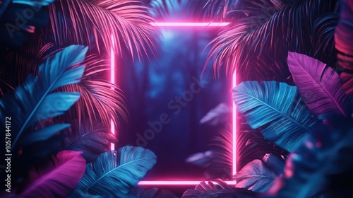 Tropical Neon Frame with Blue and Pink Palm Leaves, Vibrant Glowing Borders, and Dark Background, Ideal for Party Invitations, Advertisements, and Designs with a Modern, Futuristic Vibe