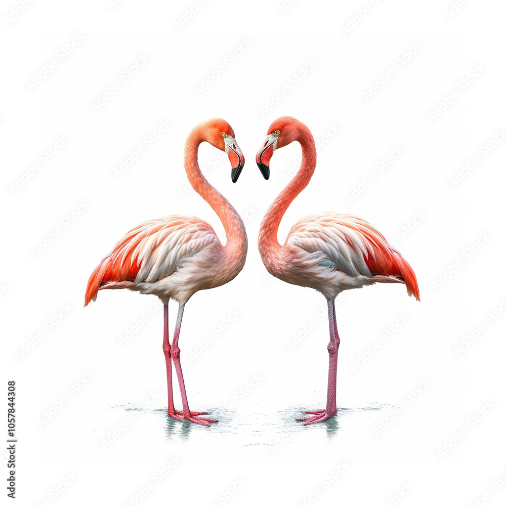Two playful flamingos engage in a spirited soccer game on a bright, white background, showcasing their vibrant colors and unique personalities Two playful flamingos engage in a spirited soccer game on a bright, white background, showcasing their vibrant colors and unique personalities