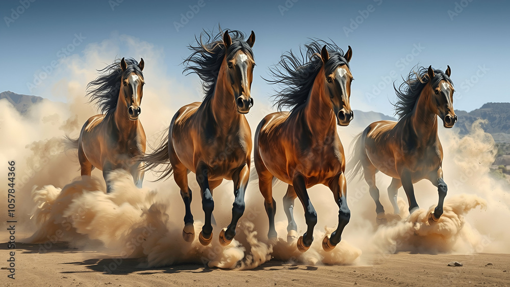 Horses with long mane portrait run gallop in desert dust Horses with long mane portrait run gallop in desert dust