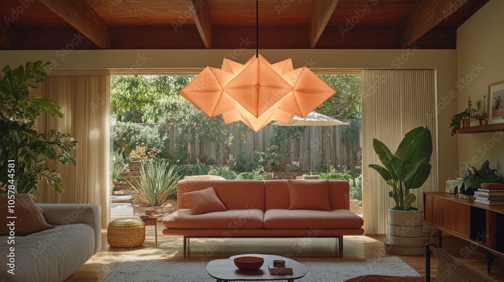 Fototapeta premium Modern living room with a pink couch, a unique chandelier, and large windows overlooking a lush backyard.