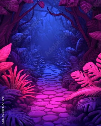 A mysterious path through a glowing neon jungle, with vibrant pink and blue lighting.