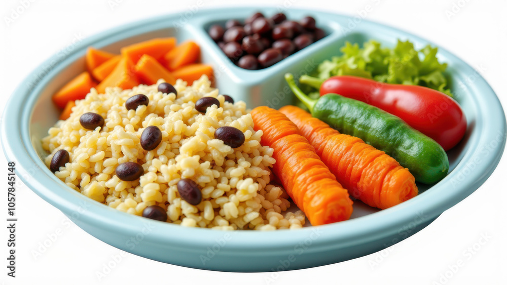 A colorful child's plate filled with healthy food options, including quinoa and mixed vegetables. A colorful child's plate filled with healthy food options, including quinoa and mixed vegetables.