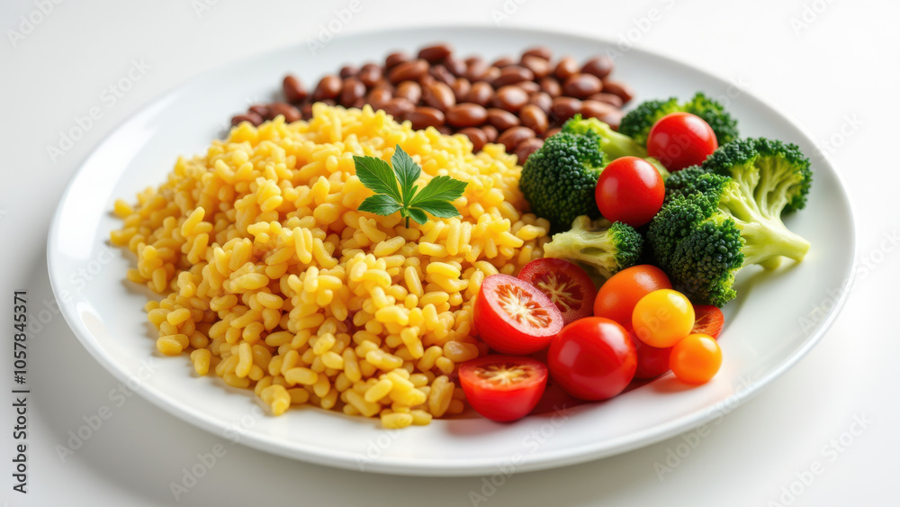 A plate of yellow rice mixed with beans and topped with sliced red tomatoes. A plate of yellow rice mixed with beans and topped with sliced red tomatoes.