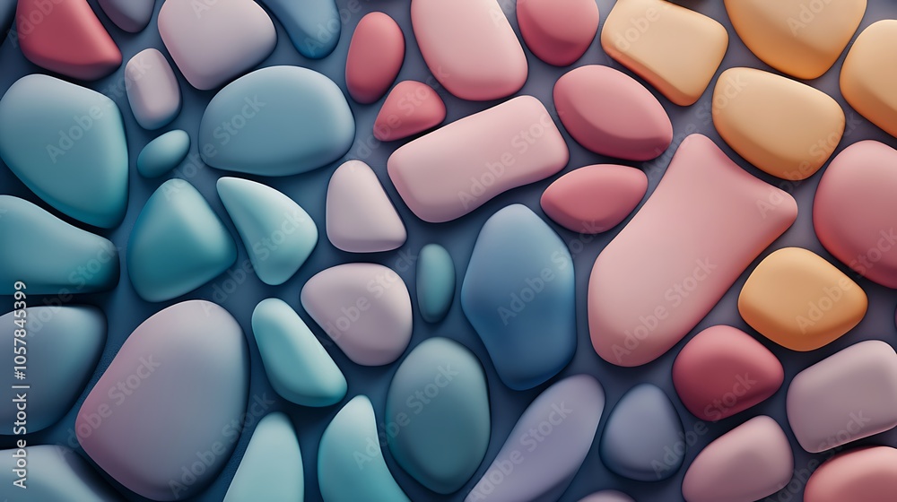 A 3D abstract background featuring smooth, pebble-like shapes in a harmonious color palette A 3D abstract background featuring smooth, pebble-like shapes in a harmonious color palette