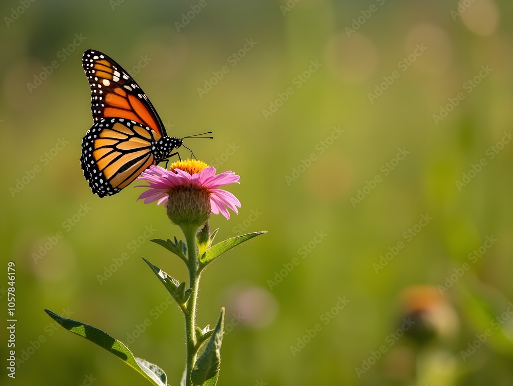 Monarch butterfly in flight over flower blooms Monarch butterfly in flight over flower blooms