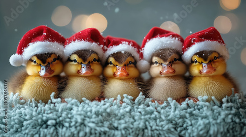 cute ducklings in Santa Claus hats on winter background, christmas, new year, new year card, duck, bird, chick, pet, funny animal