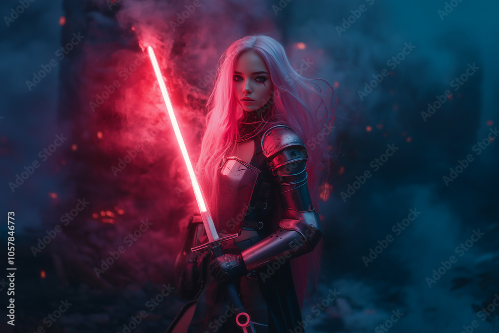 A beautiful girl with pink hair in medieval armor holding a laser sword. Time traveler. .... A beautiful girl with pink hair in medieval armor holding a laser sword. Time traveler. ....