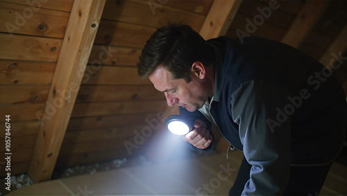 Exterminator searches for pest infestation in the dark roof truss in the house, removal of pests for health and economic reasons
