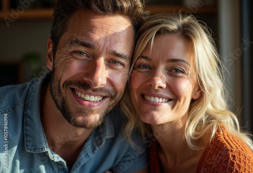 Young Couple in Their Thirties Smiling Husband with a Beard and His Blonde Wife