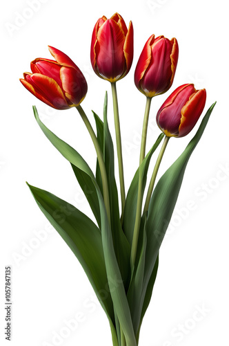 Juicy red and yellow tulips with green leaves, emphasize their beauty and freshness. Isolated from the background. Png