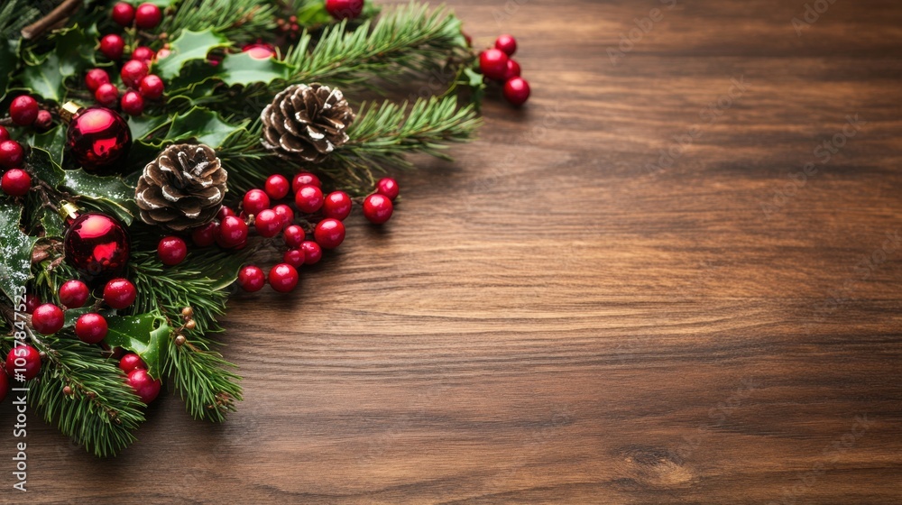 Festive Christmas Wreath with Pine Branches and Berries