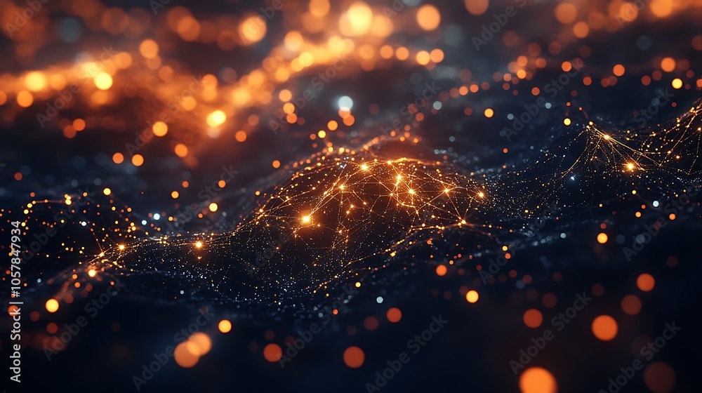 A 3D abstract background with a web of glowing fibers and nodes A 3D abstract background with a web of glowing fibers and nodes