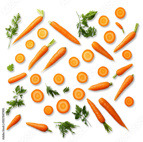 Fresh carrots and carrot slices with green leaves arranged on transparent background photo