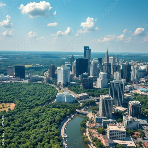 Aerial view of Houston skyline, winding Buffalo Bayou, lush green park, modern skyscrapers, blue sky with fluffy clouds, urban landscape, city architecture, river through downtown, photorealistic, hig photo