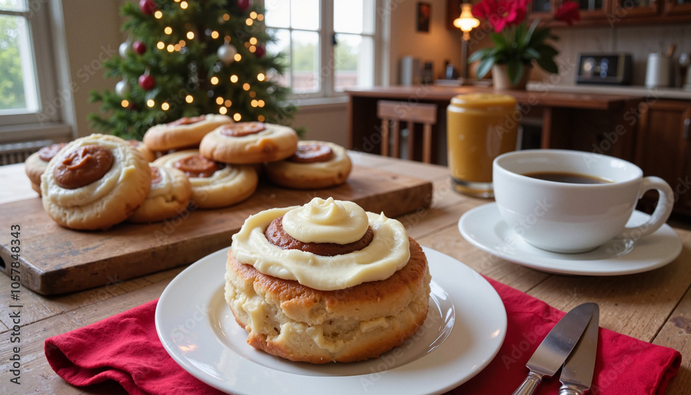 Christmas pastries and coffee on festive table