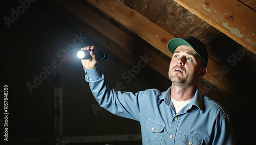 Exterminator searches for pest infestation in the dark roof truss in the house, removal of pests for health and economic reasons photo