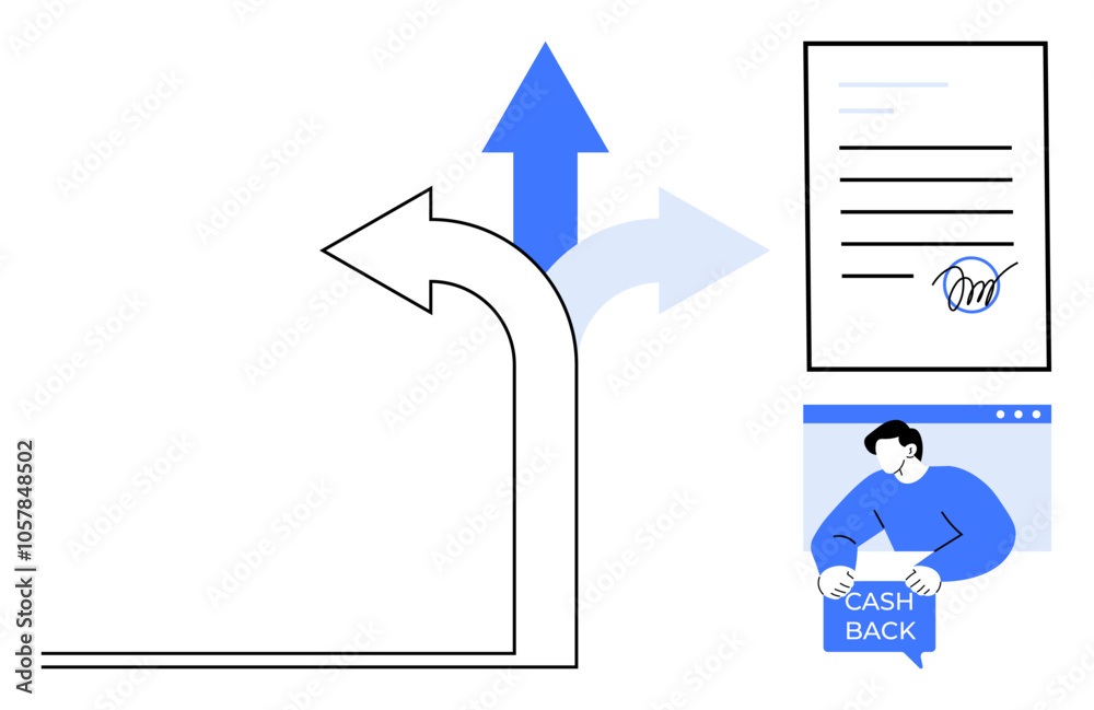 Two arrows pointing up and right, a signed document, and a person holding a cashback sign. Ideal for business strategies, financial planning, agreements, cashback offers, marketing. Minimalist style Two arrows pointing up and right, a signed document, and a person holding a cashback sign. Ideal for business strategies, financial planning, agreements, cashback offers, marketing. Minimalist style