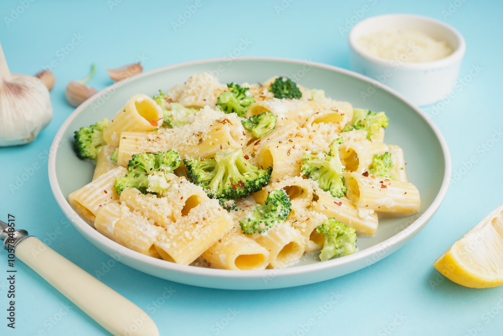 Plate of tasty pasta with broccoli on blue background Plate of tasty pasta with broccoli on blue background