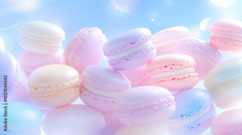 Fototapeta premium Bright and colorful pastel macarons arranged beautifully against a soft blue background in a dreamy composition