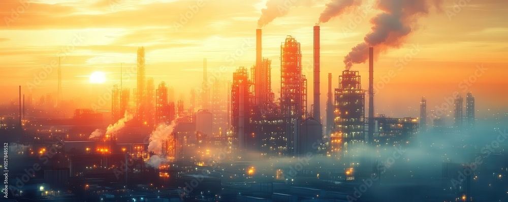 Fototapeta premium Barriers rising between large factory complexes representing different nations, symbolizing trade wars