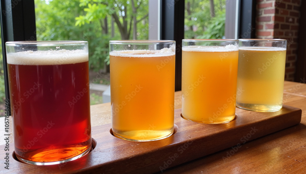 Craft beer flight on wooden board by window Craft beer flight on wooden board by window