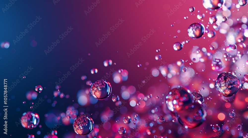 Floating water droplets in pink and blue abstract background Floating water droplets in pink and blue abstract background