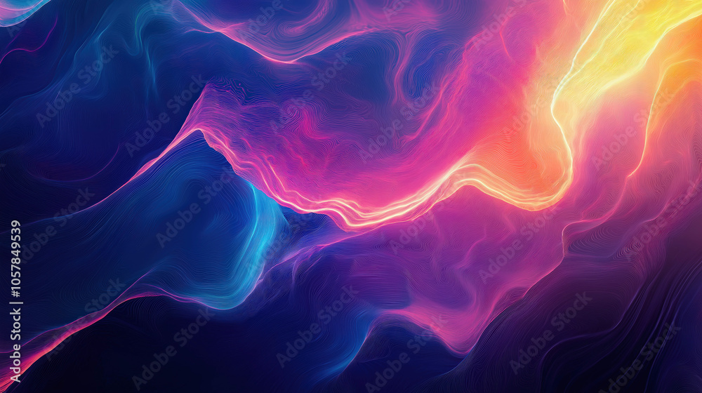 Obraz premium A vibrant abstract image with vivid flowing waves in purple, pink, and orange hues. colors and flowing lines give dynamic, modern feel. creative background