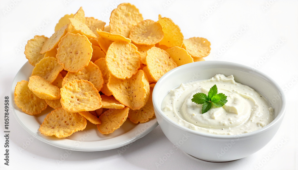 Crispy tortilla chips with creamy dip on white background Crispy tortilla chips with creamy dip on white background