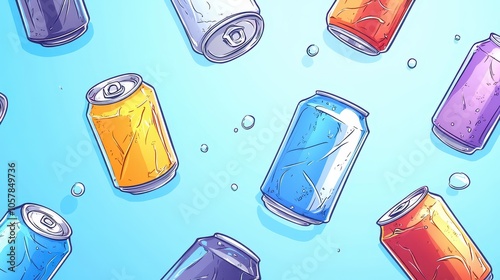 Colorful soda cans floating in a refreshing blue background with bubbles, creating a vibrant and playful summertime aesthetic