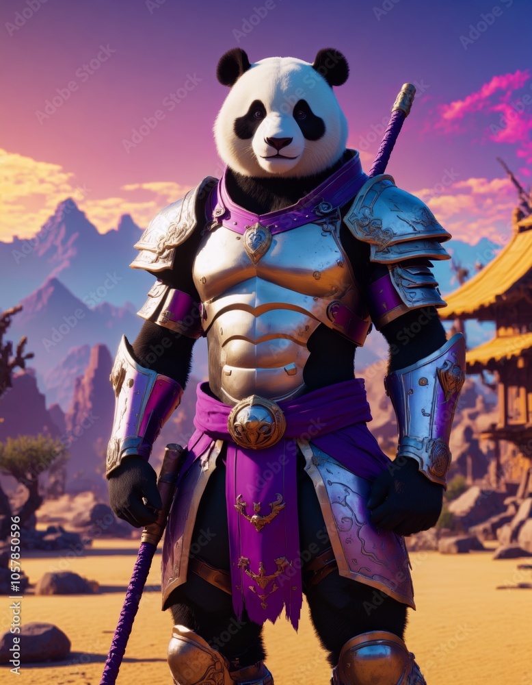 Fototapeta premium Panda warrior in armor with staff against mountain backdrop at sunset