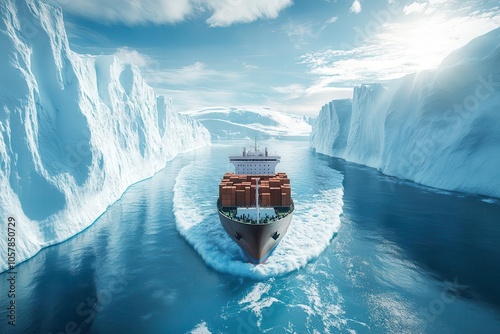 A trade ship trying to navigate through icebergs of regulation, avoiding blockades labeled importexport tariffs photo