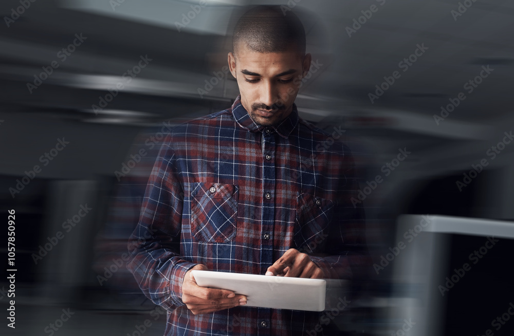 Employee, man and reading at office with tablet for online reviews, research or insights as social media manager. Male person, business and type on internet or website for communication or networking Employee, man and reading at office with tablet for online reviews, research or insights as social media manager. Male person, business and type on internet or website for communication or networking
