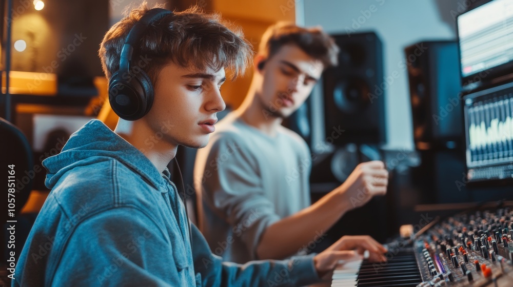 Pop stars record vocals in a state-of-the-art studio with producers providing feedback on the sound, demonstrating the precision and collaboration that goes into producing pop music. Pop stars record vocals in a state-of-the-art studio with producers providing feedback on the sound, demonstrating the precision and collaboration that goes into producing pop music.