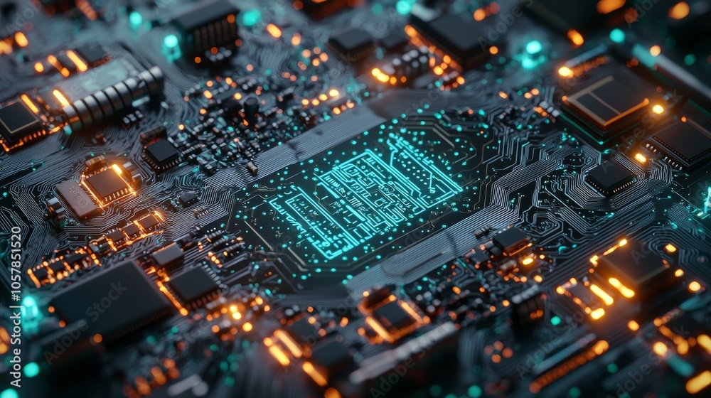 Close-Up of Glowing Circuit Board with Microchips Close-Up of Glowing Circuit Board with Microchips