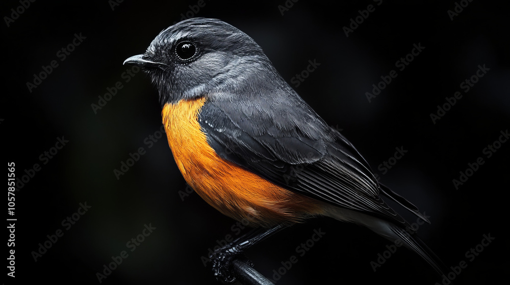 A captivating shallow-focus photograph of a gray and orange bird set against a striking black background. A captivating shallow-focus photograph of a gray and orange bird set against a striking black background.