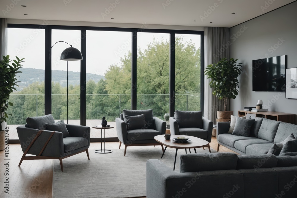 Fototapeta premium interior of modern living room with grey sofas, armchair and coffee table