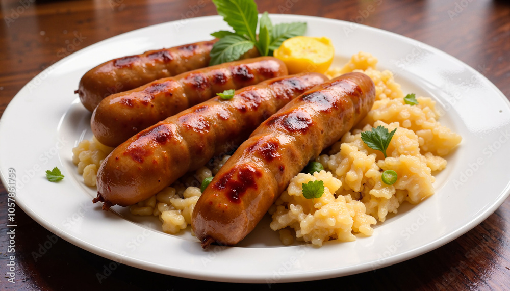 Grilled sausages with risotto on white plate Grilled sausages with risotto on white plate