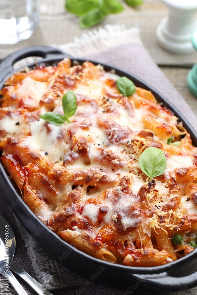 Delicious al forno pasta in baking dish on wooden table, closeup Delicious al forno pasta in baking dish on wooden table, closeup