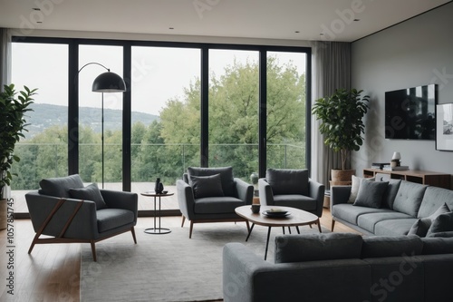 interior of modern living room with grey sofas, armchair and coffee table