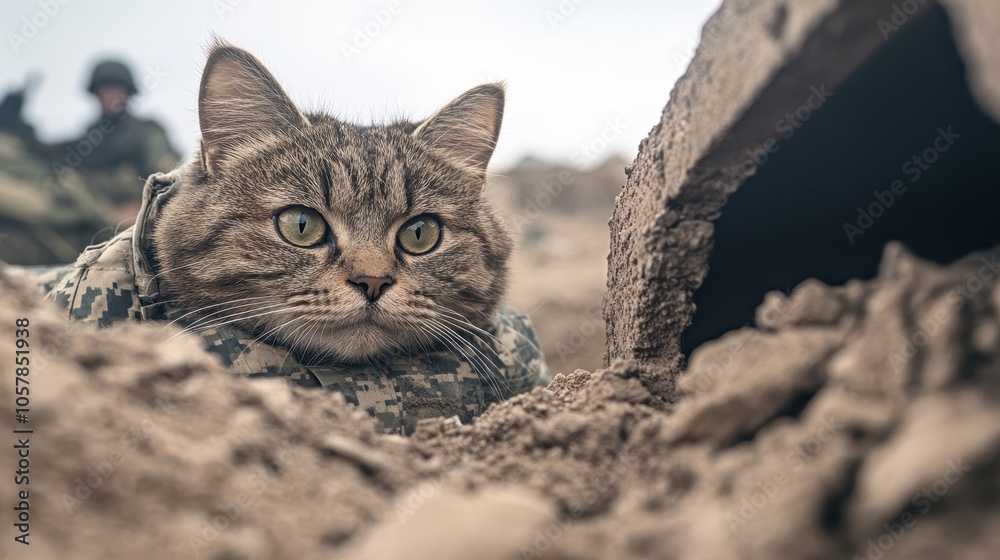 Military cat in camouflage observing surroundings during a training exercise in a sandy terrain Military cat in camouflage observing surroundings during a training exercise in a sandy terrain