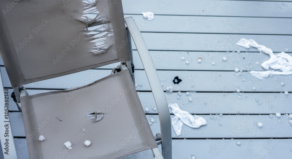 Damaged patio chair on deck with hailstones and scattered laundry.