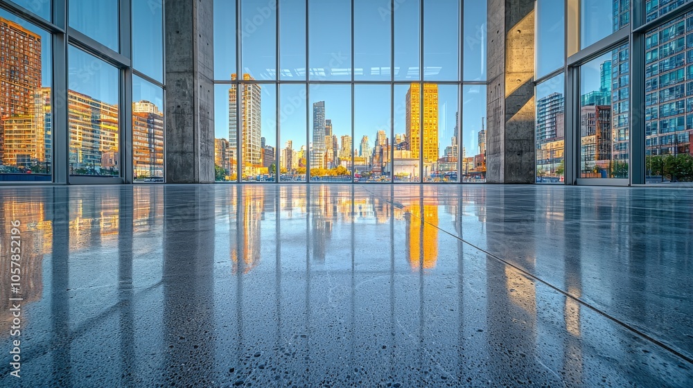 Cityscape Reflected in Large Glass Windows of Modern Building Cityscape Reflected in Large Glass Windows of Modern Building