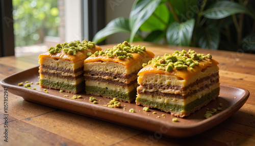 Layered pistachio dessert squares on wooden plate