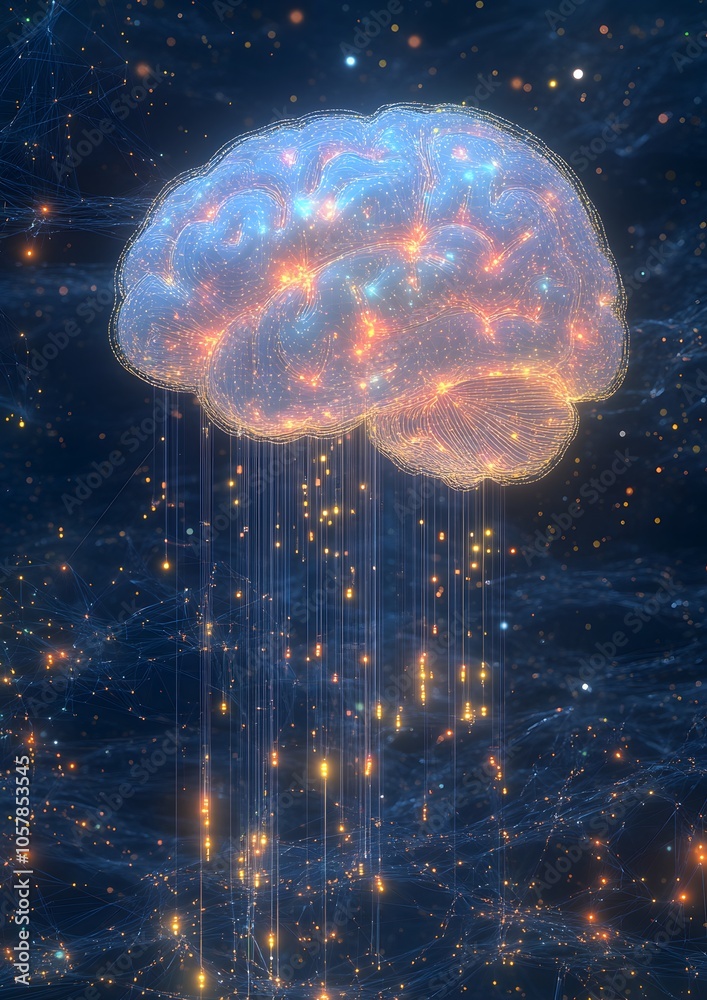 A brain with a stream of light coming out of it. The brain is surrounded by stars and the sky is dark A brain with a stream of light coming out of it. The brain is surrounded by stars and the sky is dark