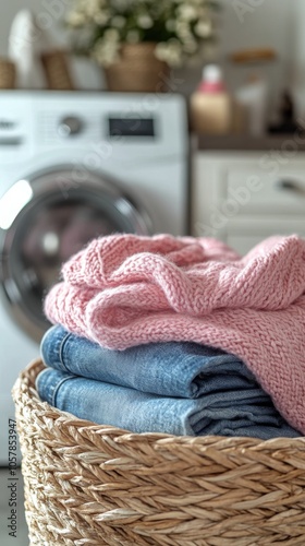 Cozy knits and denim stacked in a wicker basket near a washing machine in a l...