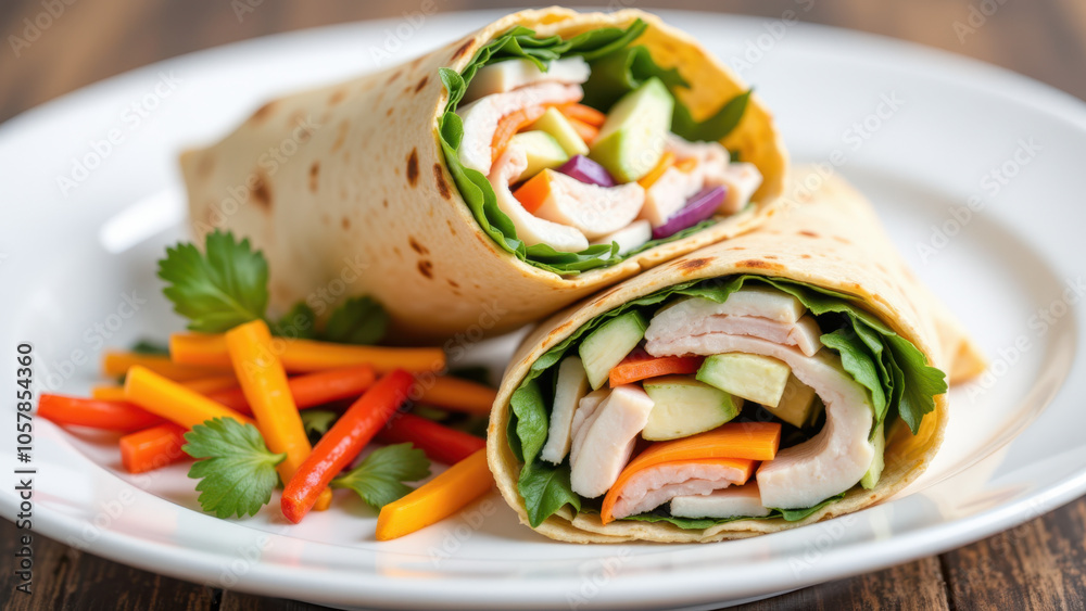 Veggie wrap on plate with colorful side. Veggie wrap on plate with colorful side.