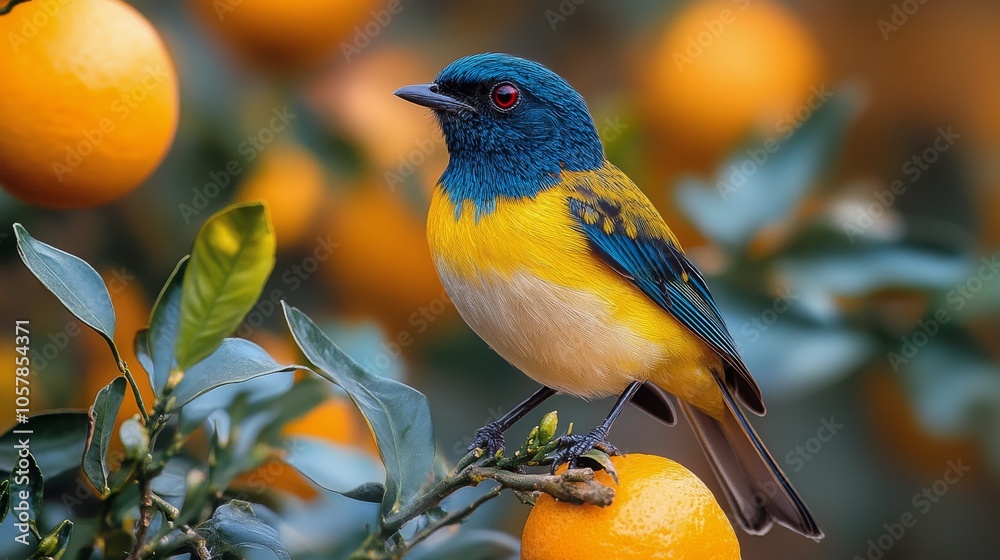 Fototapeta premium Brightly colored bird perched on a citrus tree branch with ripe oranges in a sunny garden setting